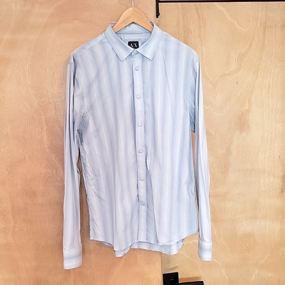 Armani Exchange slim fit blue striped snap button down shirt. Size L.